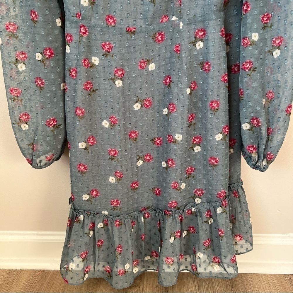 Wayf Eloise Floral Wrap Dress Clip Dot Ruffle Long Sheer Sleeve Tulip Hem Sz S - Picture 11 of 14